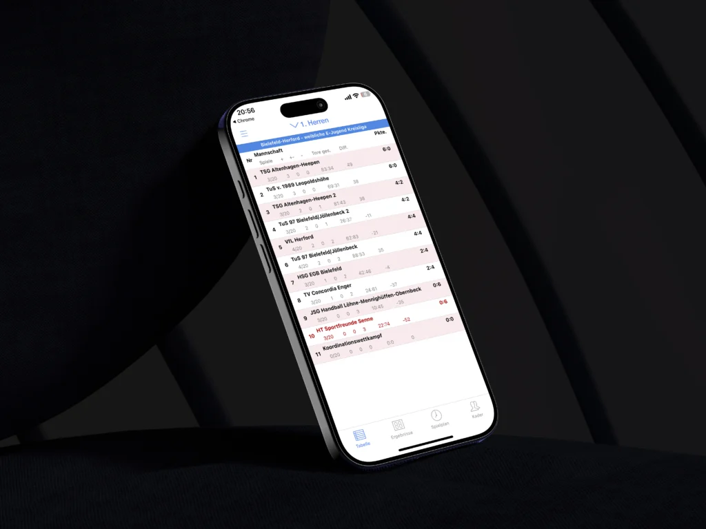Bild eines iPhones mit der HTSF Senne App geöffnet